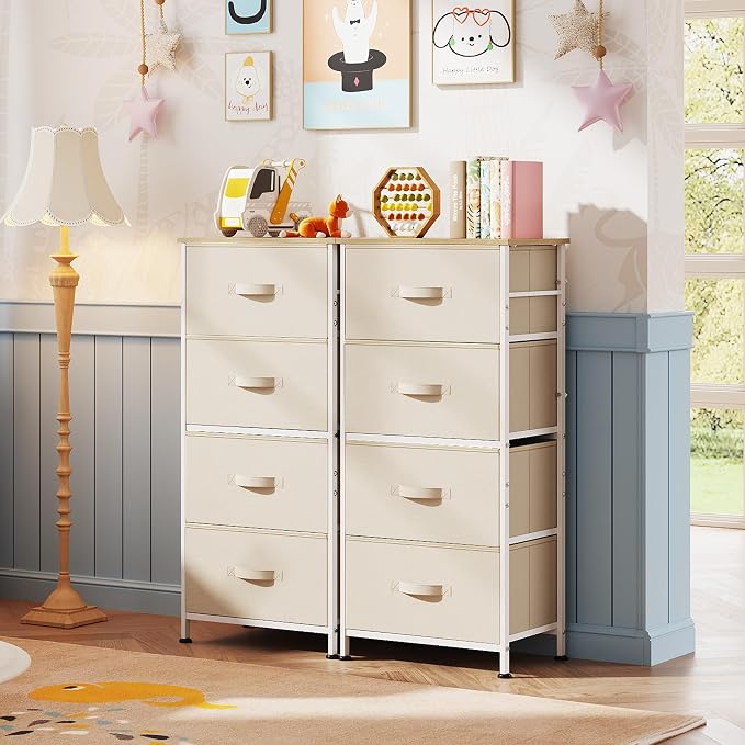 WLIVE Small Dresser Nightstand for Bedroom, 4 Drawers, Cream White | 4 vertical fabric drawers, Space-saving tower, Bedroom or closet use, Chest of drawers, Dresser for small spaces