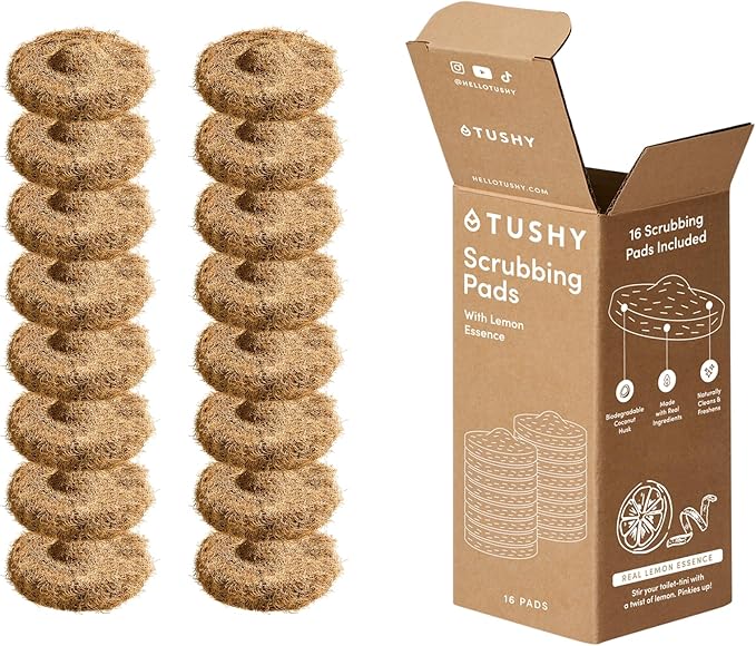TUSHY Lemon Coconut Husk Scrubbing Pads, 16 Pack: Planet Friendly Cleanser-Infused Pads (No Toilet Bowl Cleaner Needed), Toilet Brush 2.0 Refills