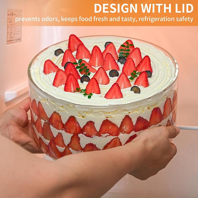 Large Trifle Bowl Glass, 200oz Morden Design Clear Glass Salad Bowl with Lid, 9.8" Serving Bowl for Laying Ice Cream Cakes, Cupcake, Salad, Fruit, Microwave & Dishwasher Safe