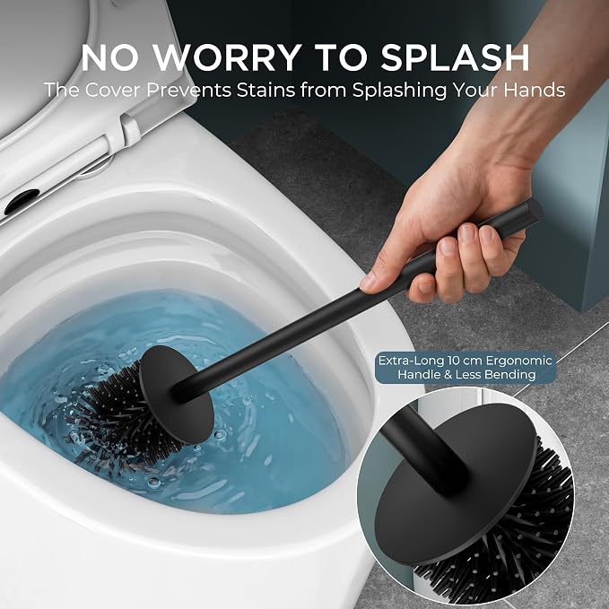 FORIOUS Short Toilet Brush and Holder Set, Heavy Duty 304 Stainless Steel Base Square and Long Handle for Bathroom Deep Cleaning, Drip-Proof, Space Saving for Storage, 2 Toilet Bowl Brush Head, Black