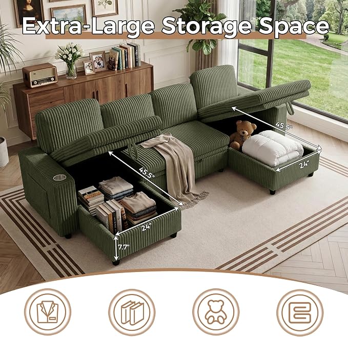 U-Shaped Couch with Pull-Out Bed. Sectional Sleeper Sofa, Green | Hidden Storage, USB & Type-C Port, Cup Holders, Cloud Corduroy, Modular Design for Living Room, Apartment, Easy Assembly