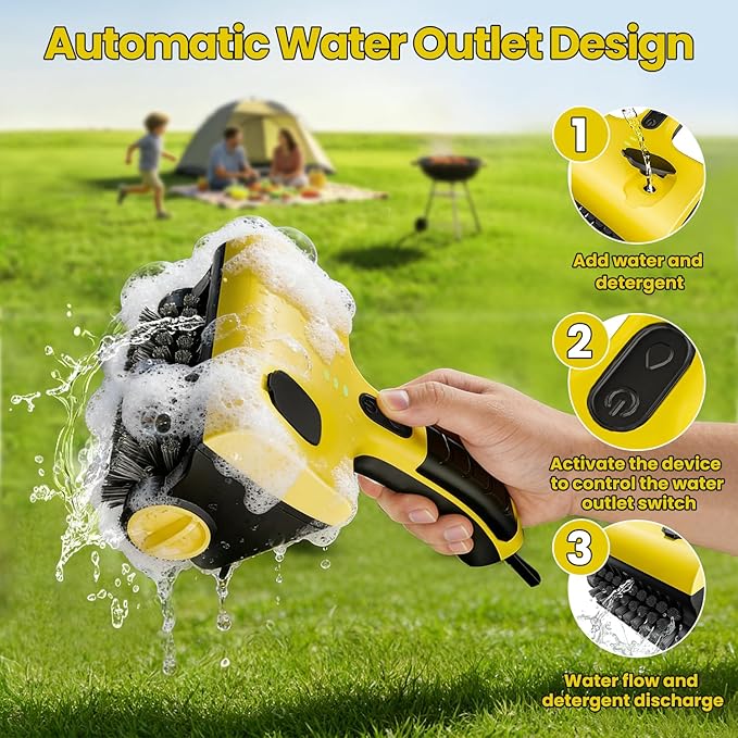 Electric Grill Brush for Outdoor, Cordless Rechargeable Grill Brush with Water & Cleaning Solution Tank, IPX7 Waterproof, 304 Stainless Steel, Automatic Grill Cleaner for BBQ Grates