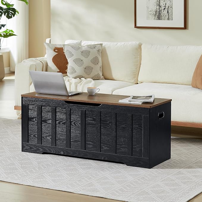 VANKILEY 47.2" Storage Chest Extra Large,Storage Trunk with 2 Safety Hinges,Wooden Storage Bench,Shoe Bench,47.2x15.7x19.1 Inch,Easy Assembly,Storage Bench for Bedroom,Living Room,entryway(Black+Brown