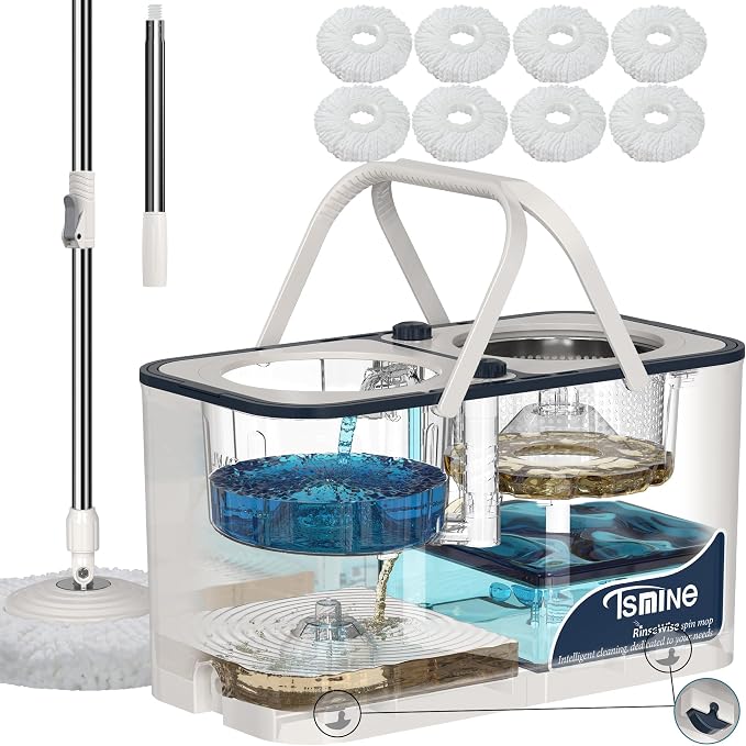Gen 1 Large-Capacity Spin Mop and Bucket – for Big Homes & Deep Cleaning Days,4-Chamber System Separates Dirty & Clean Water, 2-GAL Heavy-Duty Design with Wheels & 8 Refill Mop Heads - White/Blue