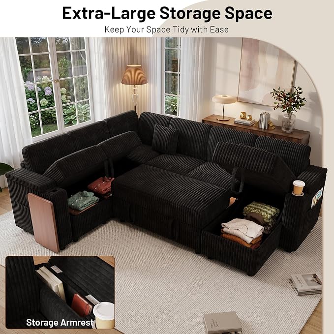 L-Shaped Sectional Sleeper Sofa with Pull Out Bed, Black | Plush Corduroy, Reclining Backrest, Storage Chaise, Usb Ports, Cup Holders & Table – Modular Cloud Couch for Living Room