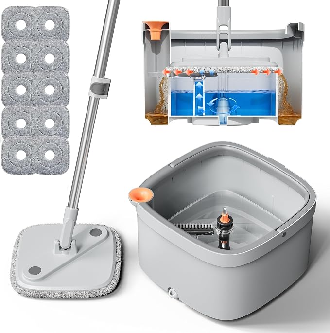 Spin Square mop and Bucket System with Wringer Set for Home with 10 Mop Pads (Grey,White)