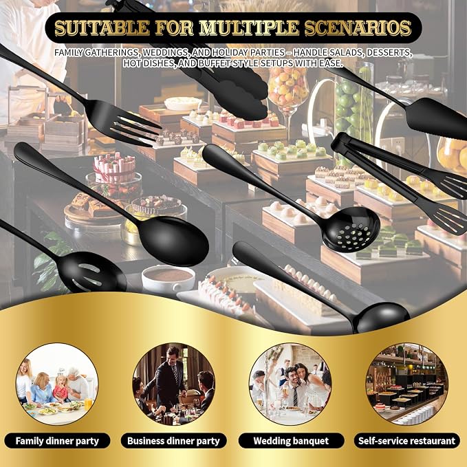 30 Piece Stainless Steel Serving Utensils Set - Buffet Serving Spoons Forks Tongs for BBQ, Parties, Catering, Weddings, Events - Black