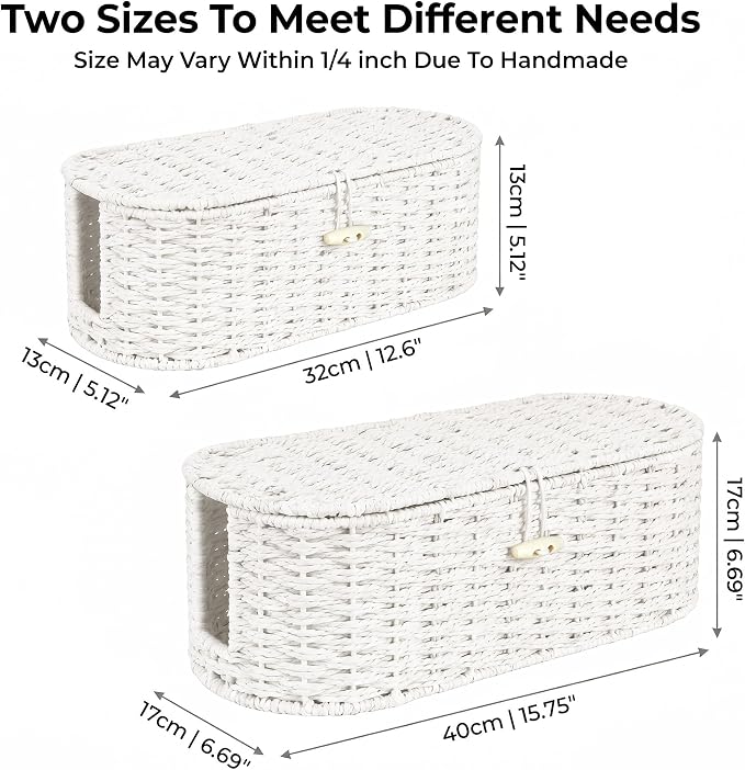 Set of 2 Cable Management Box, Handwoven Paper Rope Cord Hider Organizer Boxes with 3 Side Open Slots, Cable Organizer Box to Hide Cords Power Strip, USB Hub, TV Wires for Home, Office,Cream