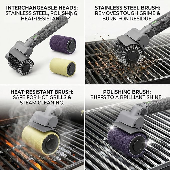 Electric Grill Brush 3-in-1 Kit – Cordless BBQ Cleaner with Reinforced Safe Metal Bristles – 2 Hours Runtime, Waterproof & Dishwasher Safe Removable Brushes for Deep Cleaning (Black Wood Coating)
