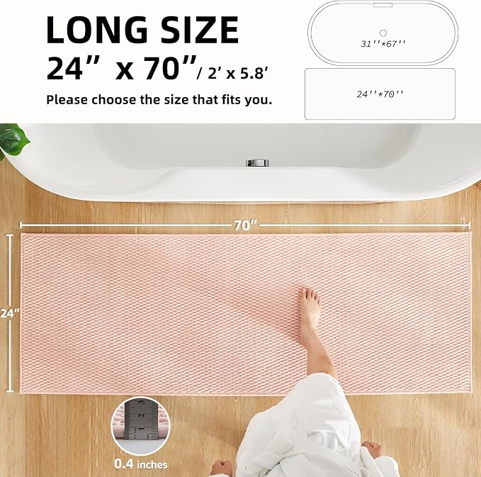 TYUU Bathroom Runner Rugs, Long Bath Mat Runner Washable Thin Quick Dry Low Pile Bathroom Runner Rugs Non Slip, Pink 24"x70"