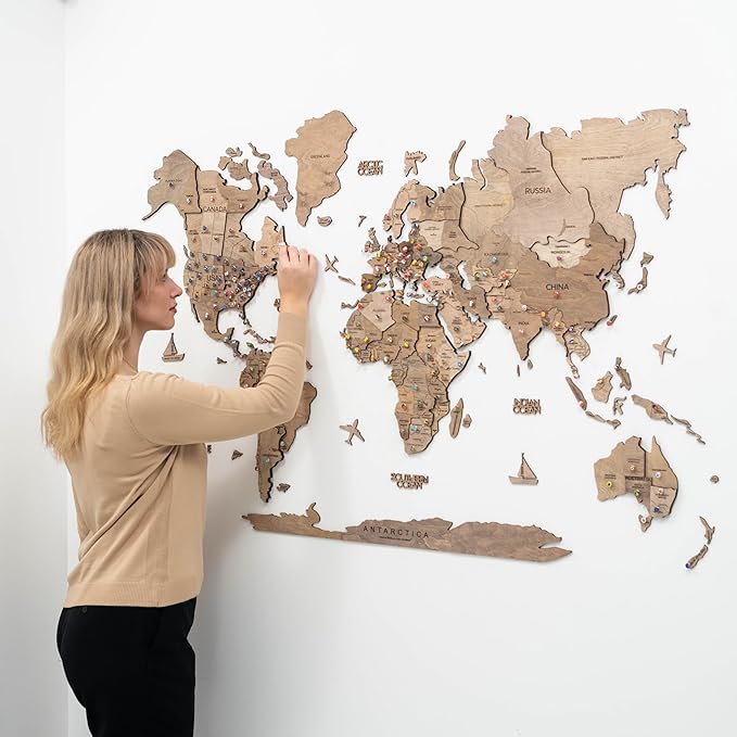 Enjoy The Wood 3D Wooden World Map Wall Art - Large Travel Map with Pins for Art Decor - Decorative Map of the World for Home, Office - Travel Wall Art Housewarming Gift Idea (Terra, L, Unframed)