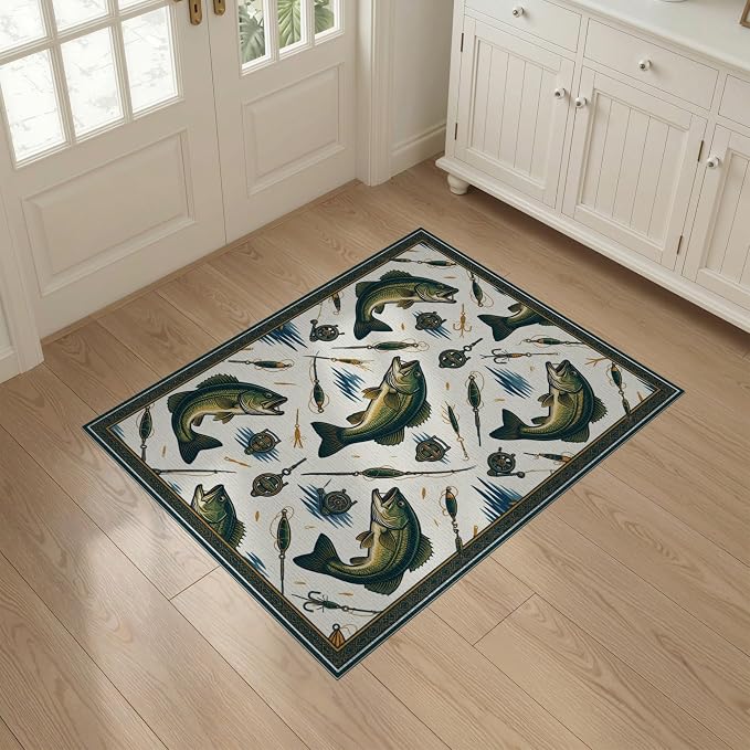 3'x5' Washable Area Rug Bass Lake Lure Tackle Reel Motif Border Angler Hook Fish Fishing Refined for Home Office, Hallway, Laundry Room, Non-Slip Chair-Friendly