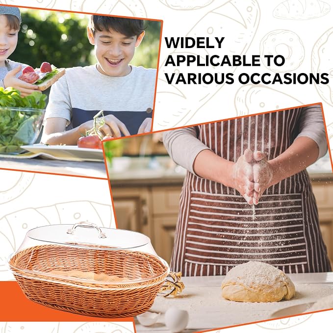 Rattan Bread Baskets, 2 Pack, Oval Woven Baskets with Acrylic Lids, 15.75 x 11.81 inches, Stainless Steel Tongs, Lace Doilies, for Bread, Fruit, Food Display