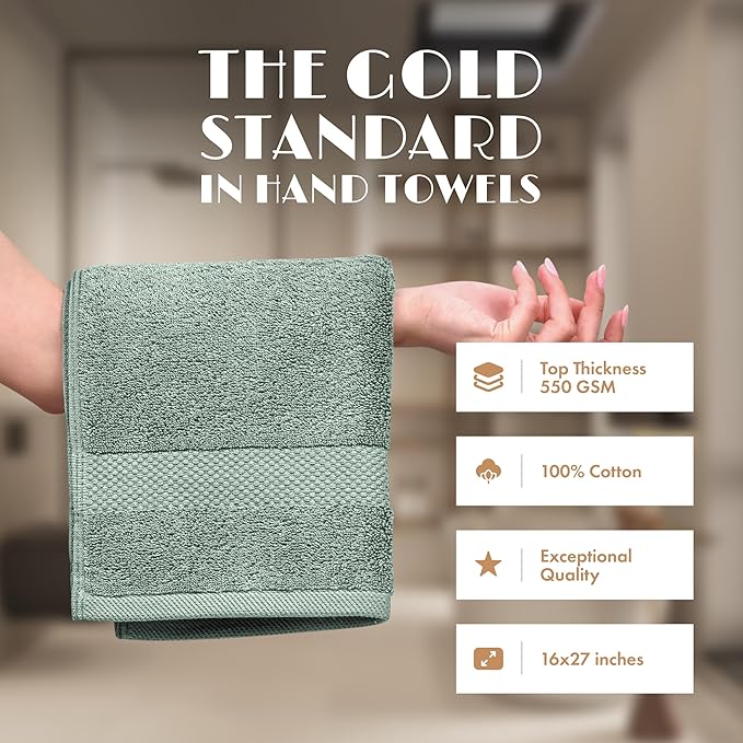 White Classic Green Hand Towels for Bathroom [12 Pack] Cotton Hand Towel Bulk for Gym, Kitchen and Spa, 16x27 Inches Soft Highly Absorbent Quick Dry Terry Salon Towels