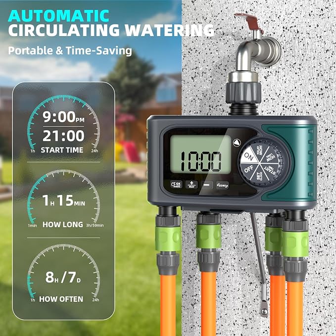 Sprinkler Timer 4 Zone, Programmable Water Timer for Garden Hose with Rain Delay, Manual and Automatic Irrigation Controller System, 4 Outlets Timed Irrigation Controller System for Lawn