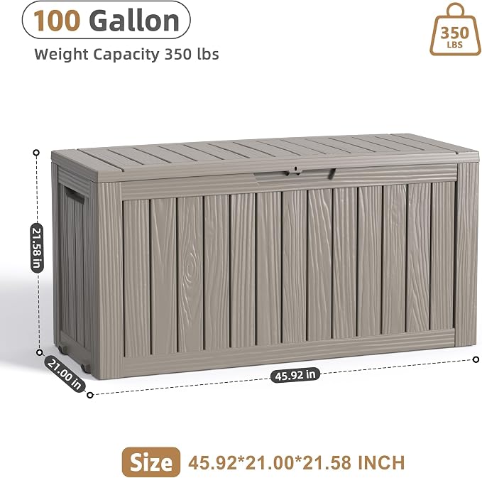 DRATO 100 Gallon Deck Boxes Outdoor Waterproof Storage Box with Wheels | Lockable Weatherproof Resin Outside Patio Storage Box for Backyard Furniture Pool Supplies Garden Tools, Grey