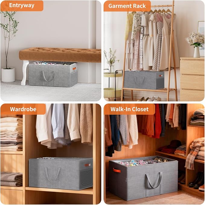 Aokeyee 2 Pack Shoe Organizer for Closet, Large Shoe Storage Box, Grey | Fits up to 48 Pairs, Stackable, Space Saving, Foldable, Shoes Organizer Bin with Clear Cover, 4 Reinforced Handles