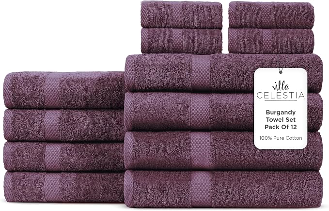 Villa Celestia 12-Piece 100% Cotton Towel Set, 4 Bath Towels, 4 Hand Towels, 4 Wash Cloth, Quick-Dry, Burgandy