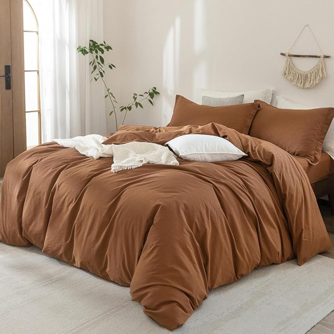100% Washed Cotton Dark Orange Duvet Cover Oversize Queen Size Bedding Set Cover 1 Duvet Cover with Zipper Closure Plus 2 Pillowcases, 98inch x 98inch