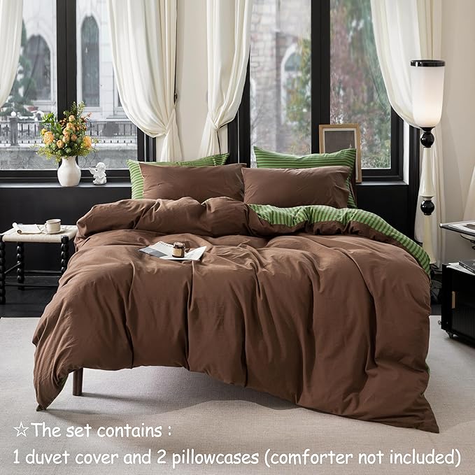 Reversible Duvet Cover Set 100% Washed Cotton Green Stripe Linen Feel Duvet Cover Queen Size with Zipper Closure & 2 Pillow Shams, Green/Brown Stripe Reverse Solid Brown
