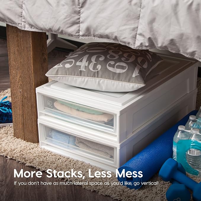 IRIS USA 27 Qt. Plastic Under Bed Storage Stackable Organizer Bin Container with Sliding Organizer Drawers, 4-Pack, Multi-Purpose for Clothes Shoes Clothing Bedding, White
