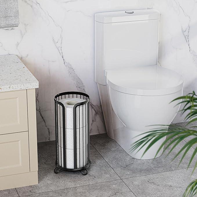 Toilet Paper Holder Stand, Freestanding Toilet Paper Storage,2 Pack,Black | Waterproof Raised Feet,Rustproof,Fit 3 Mega Rolls,No Drilling No Assemble,Minimalistic Storage,Space-saving Renter Friendly