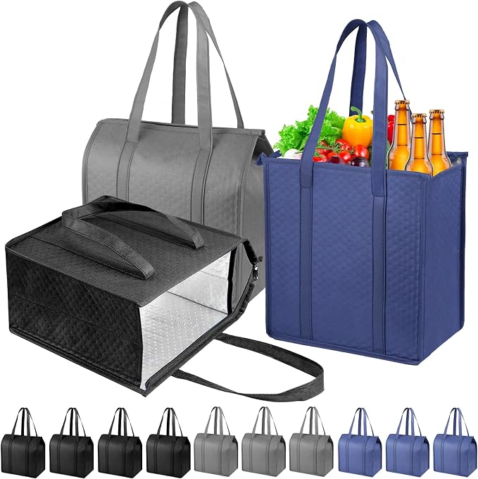 10 Pack Cooler Grocery Tote Bags, 18L Zipper Closure Handbags | reusable insulated storage, retain temperature, great for beach trips, camping, picnic, daily grocery & food delivery