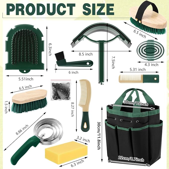 Abbylike 12 Piece Horse Grooming Kit with Organizer Tote Bag Brush Sets for Derby Day Show Horses Professional Tools for Care & Massage(Khaki and Green)