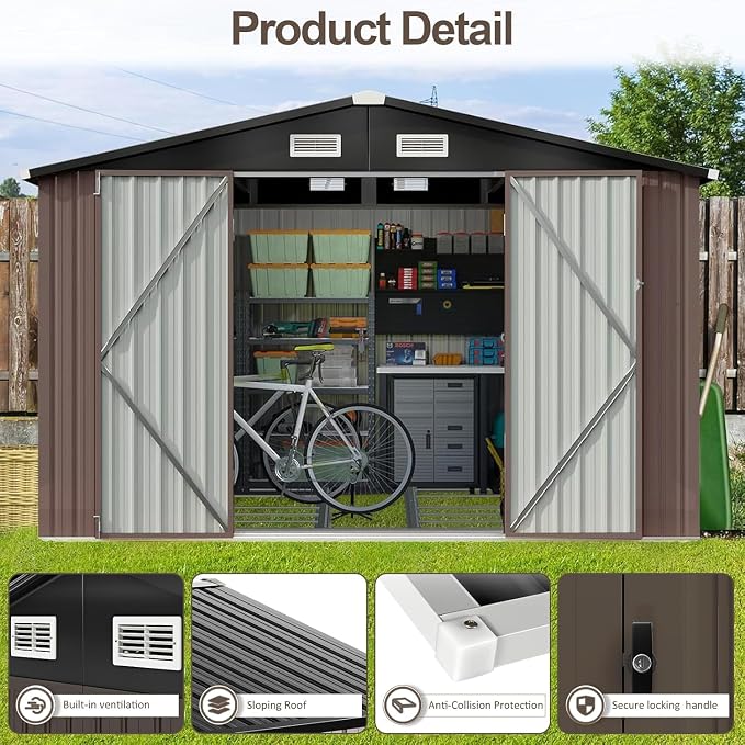 Aoxun 9.8x7.6 FT Shed Outdoor Storage Shed with Base, Brown | Metal Shed with Lockable Doors & Slooping Roof Garden Tool Shed for Backyard, Patio, Poolside