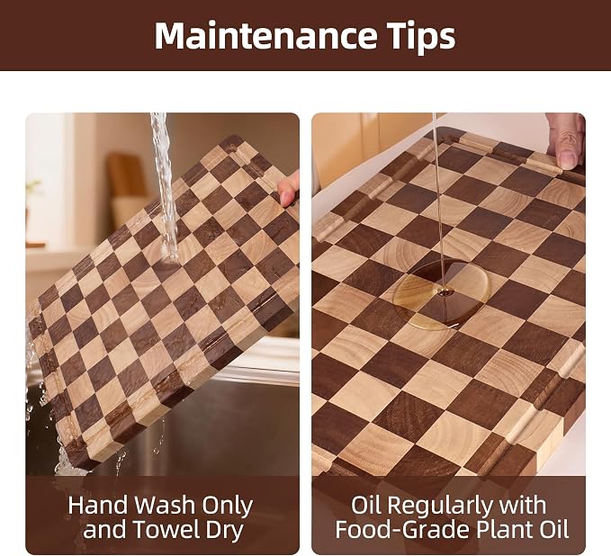 Checkered Cutting Board and Acrylic Cutting Board Set- 2-Piece Kitchen Board Set, Wood Checkerboard End Grain Chopping Boards with Juice Groove & Acrylic Board with Counter Lip