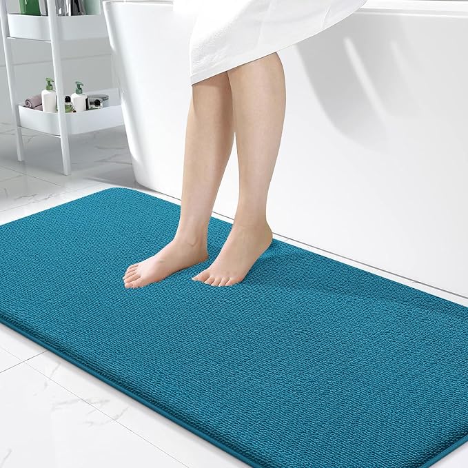 OLANLY Memory Foam Bathroom Runner Rugs 47x24, Long Bath Mats, Peacock Blue | Soft Quick Dry Bath Mats, Non-Slip, Absorbent Machine Washable Mat for Bathroom Floor, Tub and Shower, Home Decor Accessories