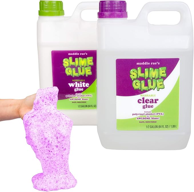 Maddie Rae's Slime Glue (1/2 Gallon Clear & 1/2 Gallon White) Value 2 Pack - Crystal Clear Non Toxic Glue for Slime Making, DIY Kids Arts & Crafts, School Classroom Supplies, Summer Camp Activities