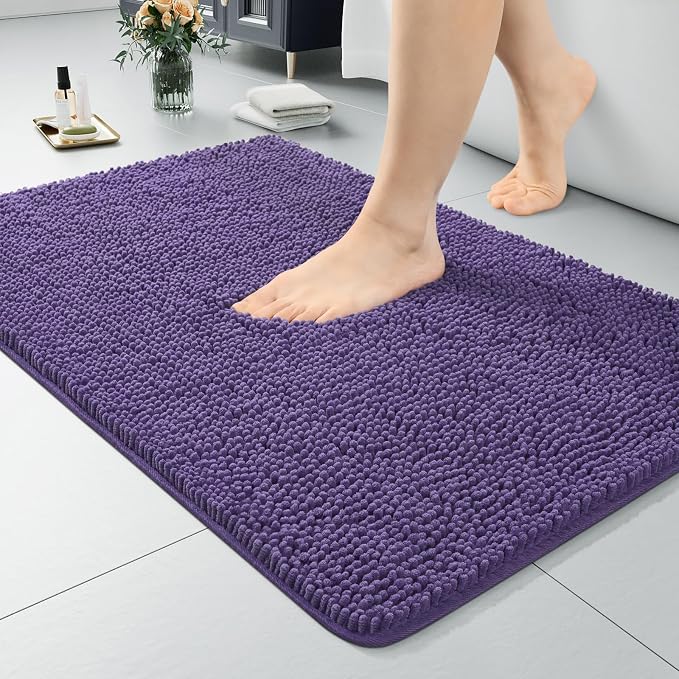 LOCHAS Luxury Bathroom Rug Shaggy Bath Mat 24 x 36 Inch, Dark Purple | Washable Non Slip Bath Rugs for Bathroom Shower, Soft Plush Chenille Absorbent Carpets