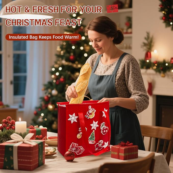 Christmas DIY Insulated Grocery Bags with Zippered Top – 10 DIY Stickers Included, Thermal Tote Cooler Bags for Frozen Food, Reusable Travel Grocery Tote for Shopping & Picnic, 2pcs