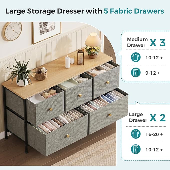 OLIXIS 5 Drawer Dresser for Bedroom, Storage Organizer Unit for Closet | Chest of Drawers for Clothes Storage with Bins, Wide Fabric Bedroom Dresser, Wooden Top, Living Room, Ink Green