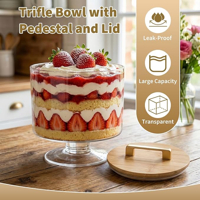 Trifle Bowl with Pedestal and Lid, 70oz - Crystal Clear Glass, Wood Lid with Convenient Handle and Sealing Ring, for Laying Layered Dessert, Ice Cream and Cake, Ideal for Party Displays