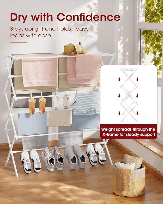 Sakugi Foldable 3-Tier Clothes Drying Rack 42.1" H with Non-Slip Feet | Indoor & Outdoor Use, Space Saving, Metal Frame, 14.6" D x 39.4" W, White