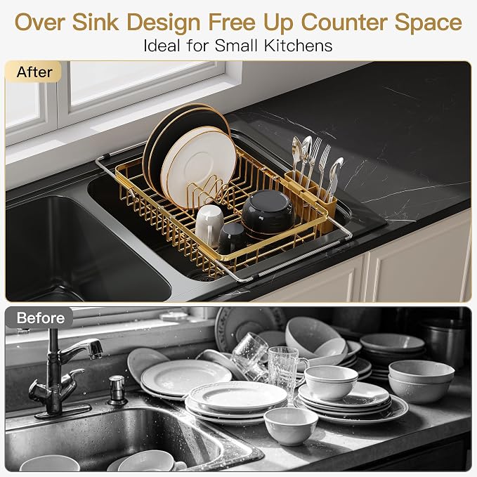 JASIWAY Gold Dish Drying Rack Over the Sink with Utensil Holder | Expandable Stainless Steel Dish Driainers for Small Kitchen, Counter Space Saving, Fast Drain, Rust Resistant, For Apartment