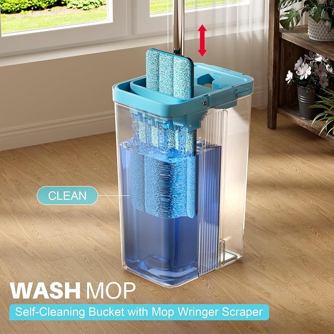 JOYMOOP Mop and Bucket Set, Mops for Floor Cleaning, Wall Mop Cleaner with Long Handle, with 6 Reusable Microfiber Mop Pads - Grey+Cyan Blue
