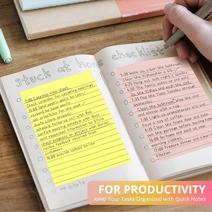 Lined Sticky Notes, 96 Pads, 4x6 Inches, Large Sticky Notes with Lines, Memo Note Pads in Multi Colors, 30 Sheets/Pad, Super Sticking Power for Office ＆ Home & Planning - Bright