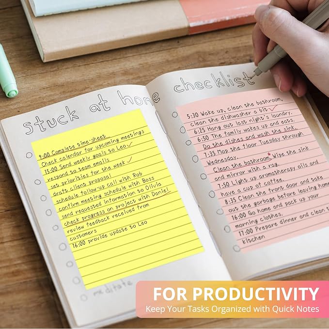 Lined Sticky Notes, 48 Pads, 4x6 Inches, Large Sticky Notes with Lines, Memo Note Pads in Multi Colors, 30 Sheets/Pad, Super Sticking Power for Office ＆ Home & Planning - Bright