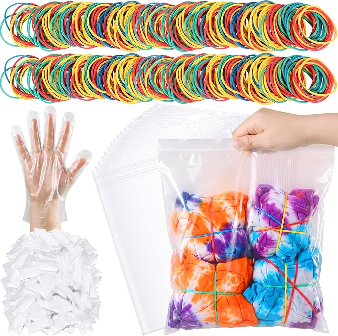 1000 Pcs Rubber Bands Kit for Tie Dye Projects Craft Project Colorful Elastic Rubber Band with 100 Pairs Gloves 100 Sealed Bags for Office Supplies Tie Dye Accessories