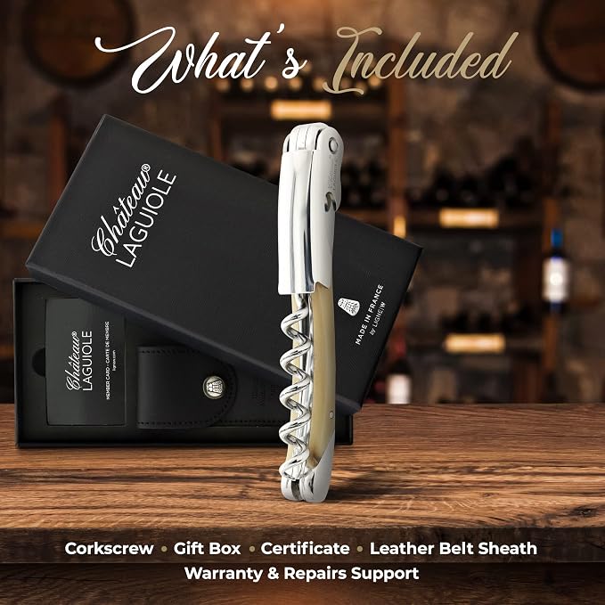 Chateau Laguiole Corkscrew - Grand Cru - White Horn French Luxury Laguiole Wine Opener – Laguiole Wine Key Made in France - Wine Sommelier Bone Handle Wine Corkscrew with Leather Sheath & Gift Box