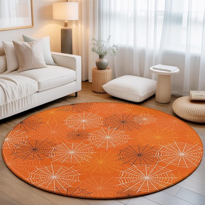 Round Area Rug 3', Orange Halloween Washable Small Area Rugs for Kitchen Bathroom Bedroom Office Laundry, Black White Net Halloween Non Slip Door Mat Indoor Entrance Floor Throw Circle Carpet