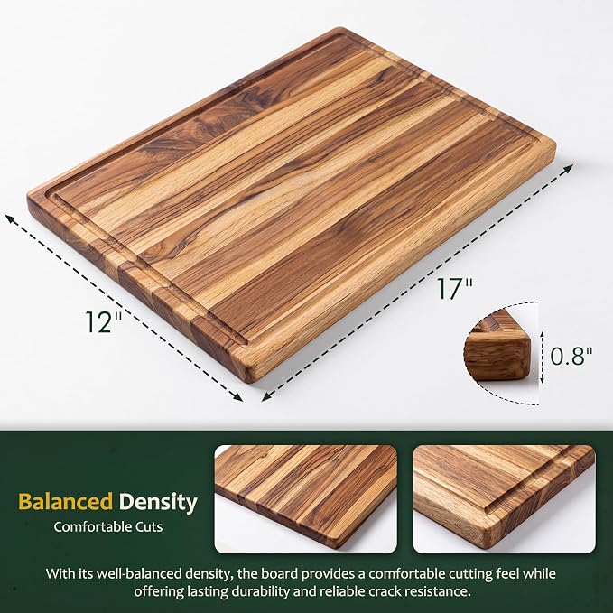 Large Teak Wooden Cutting Boards for Kitchen, Solid Wood Cutting Board Set - Charcuterie & Chopping Butcher Block for Meat - Kitchen Gadgets Gift