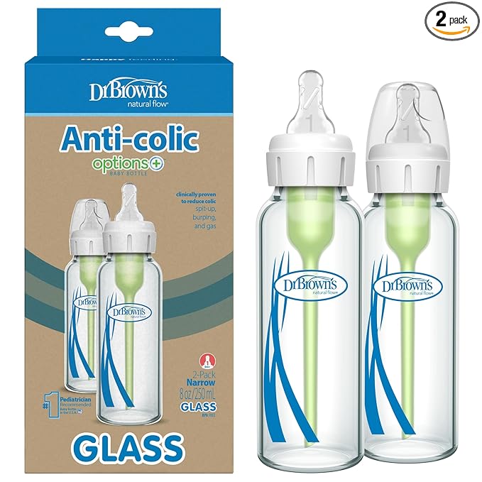 Dr. Brown's Anti-Colic Options+ Narrow Glass Baby Bottle with Level 1 Slow Flow Nipple, BPA-Free, 8 oz/250 mL, 0m+, 2-Pack (Packaging May Vary)