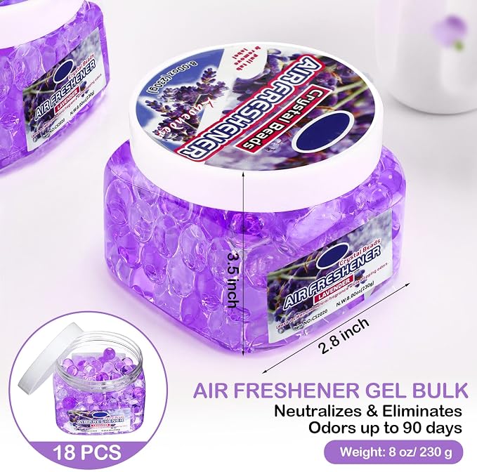 18 Pack Gel Odor Eliminator Beads 8 Ounce Scent Beads Bulk Air Freshener Removing Long Lasting Eliminates Odors for Home, Bathrooms, Cars, Boats, Rvs and Pet Areas(Lavender)
