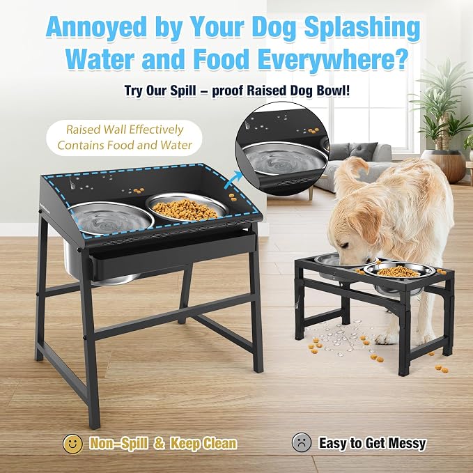 Bobbie & Laxi 15" Tilted Elevated Dog Bowl, Large Breeds Non-Spill Design | Raised Dog Bowl with Stand;Stainless Steel Dog Food Bowl & Water Bowl Set with Raised Splash Wall;Easy Clean Large Dog Bowl