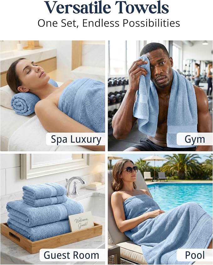 LANE LINEN 100% Cotton Bath Towels 6 Piece Set - Super Soft, Quick Dry & Absorbent - 2 Bath, 2 Washcloths, 2 Hand Towels for Bathroom - Hotel Quality, Minimal Lint after 3 Washes - Cerulean Blue