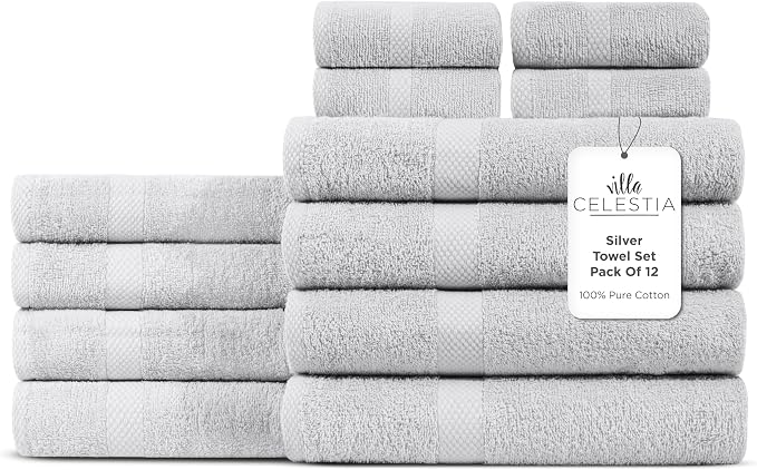 Villa Celestia 12-Piece 100% Cotton Towel Set, 4 Bath Towels, 4 Hand Towels, 4 Wash Cloth, Quick-Dry, Silver